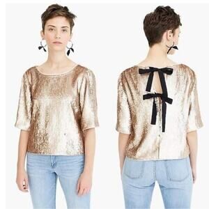NWT J Crew Rose Gold Sequin Tie Back Top Sz 8 Holiday Party Preppy Elbow Sleeve